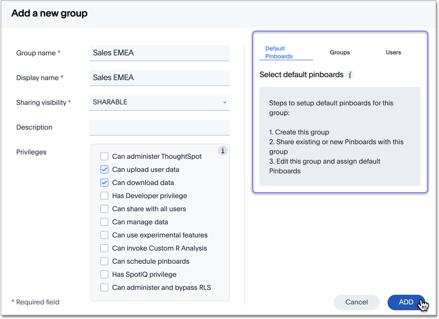 Add a new group > Default Liveboards