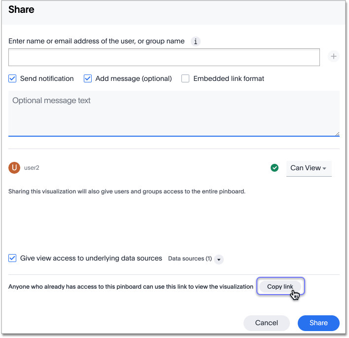 Share an object and send the link to users you shared with